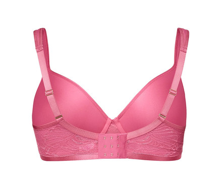 Zbliżenie różowego biustonosza typu spacer z koronkowym wykończeniem, widok z tyłu.