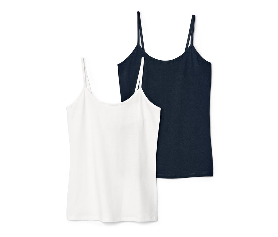 Dwie koszulki na ramiączkach: niebieska i biała.