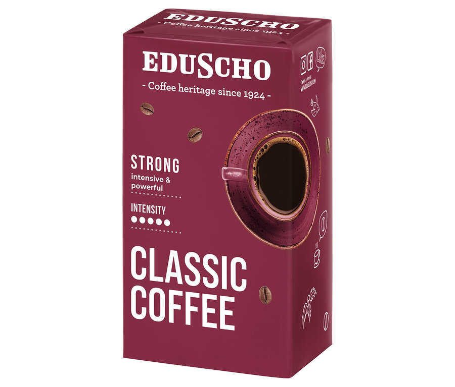 Paczka kawy Eduscho Classic Coffee. Ciemnoczerwone opakowanie ze zdjęciem filiżanki kawy.