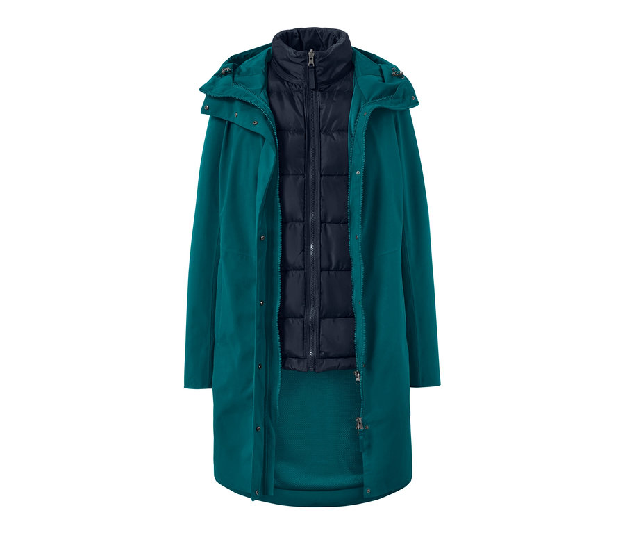 Rozpięty płaszcz outdoorowy z kamizelką 3 w 1, ciemnoturkusowy.
