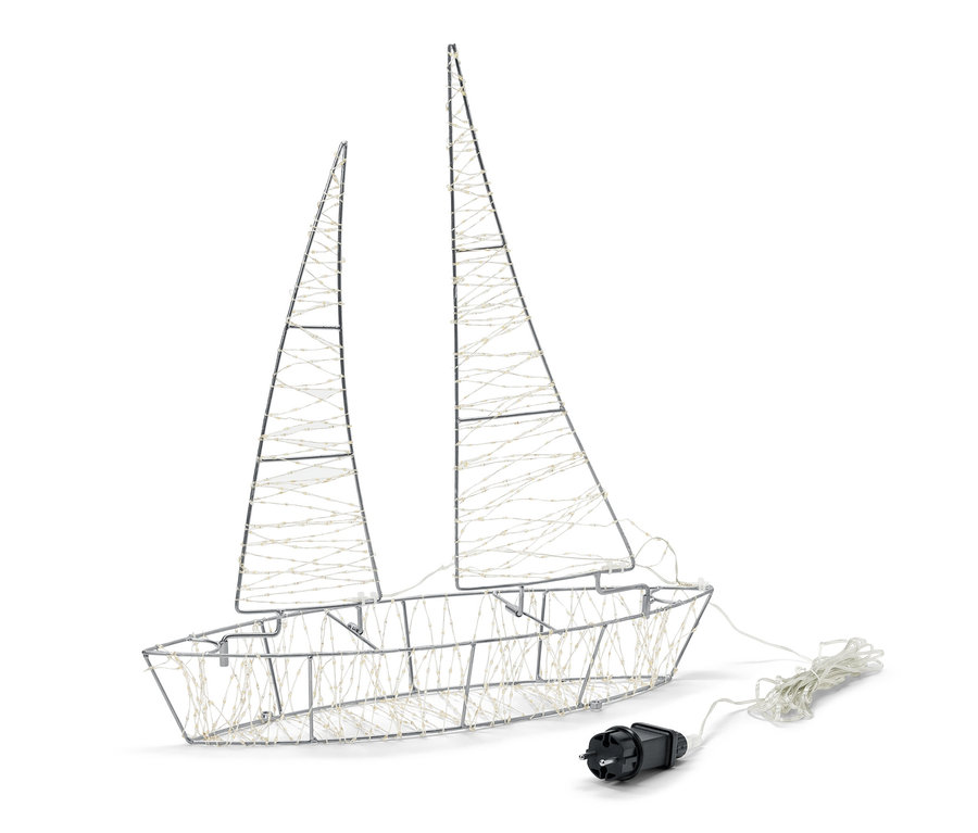 Srebrna łódka LED 3D do użytku na zewnątrz z kablem zasilającym na białym tle.