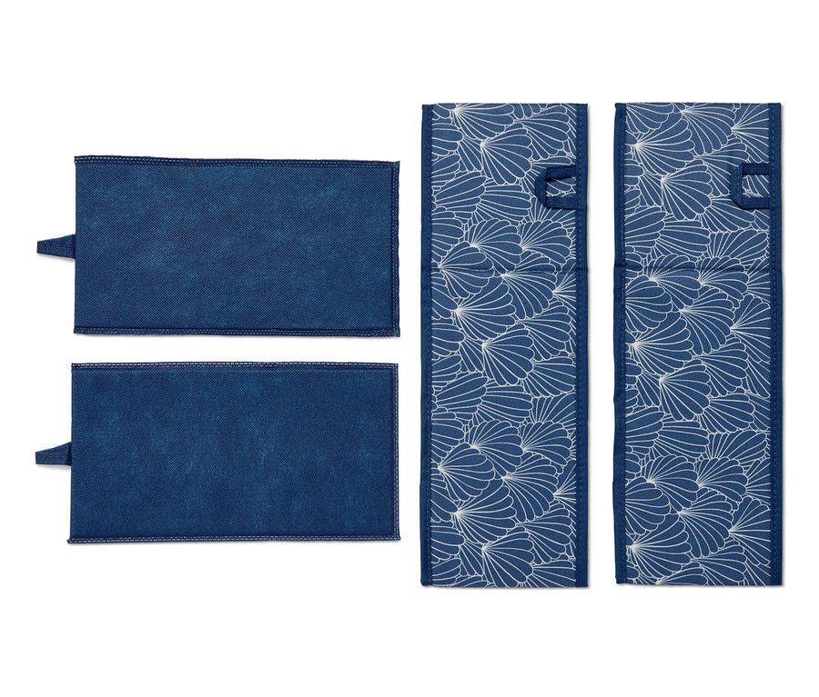 Dwa niebieskie organizery do szuflad, średnie, i dwa niebieskie organizery do szuflad we wzory.