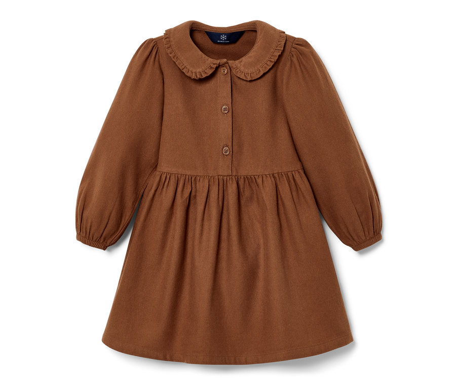 Tkaninowa sukienka dziecięca, koniakowa, z długimi rękawami i kołnierzykiem.