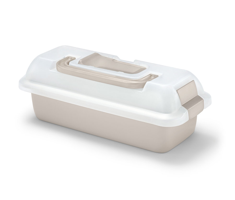 Prostokątna forma do pieczenia z pokrywką do transportu w kolorze beżowym i białym.