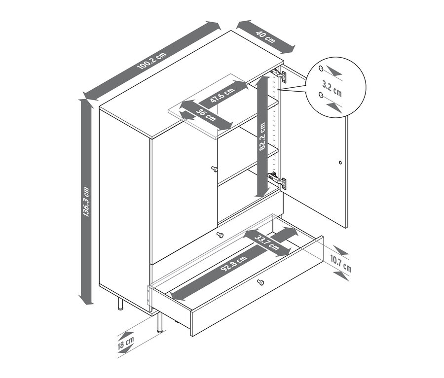 Szkic szafki typu highboard »Finnsbo« z otwartymi drzwiami i szufladą, z podanymi wymiarami.