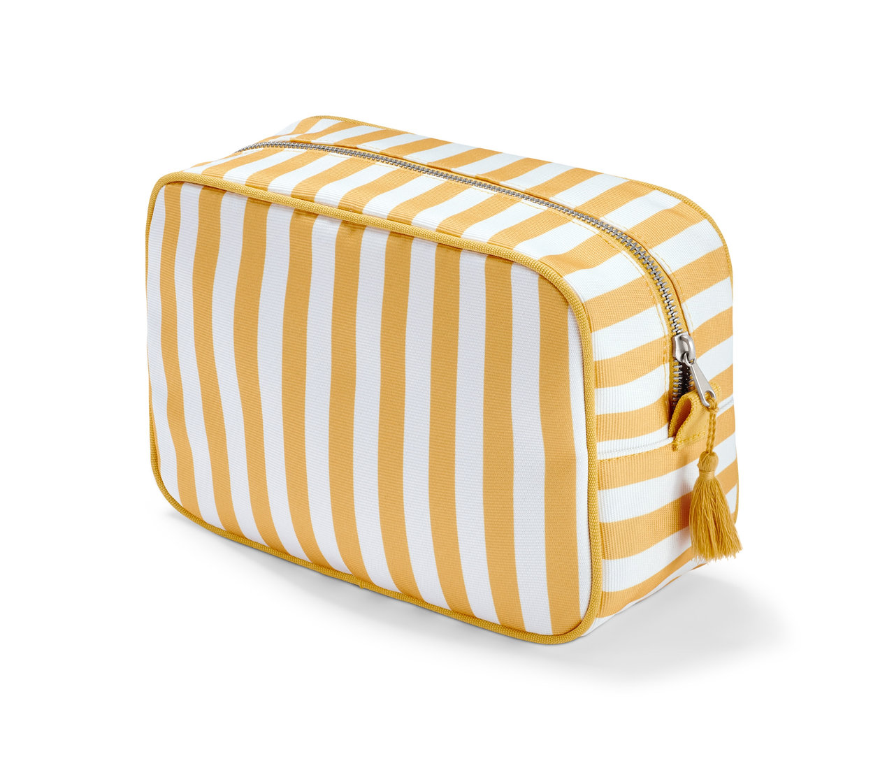 Żółto-biała kosmetyczka w paski z saszetką.