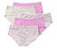 Pięć par damskich majtek w różnych kolorach i wzorach leży na sobie.