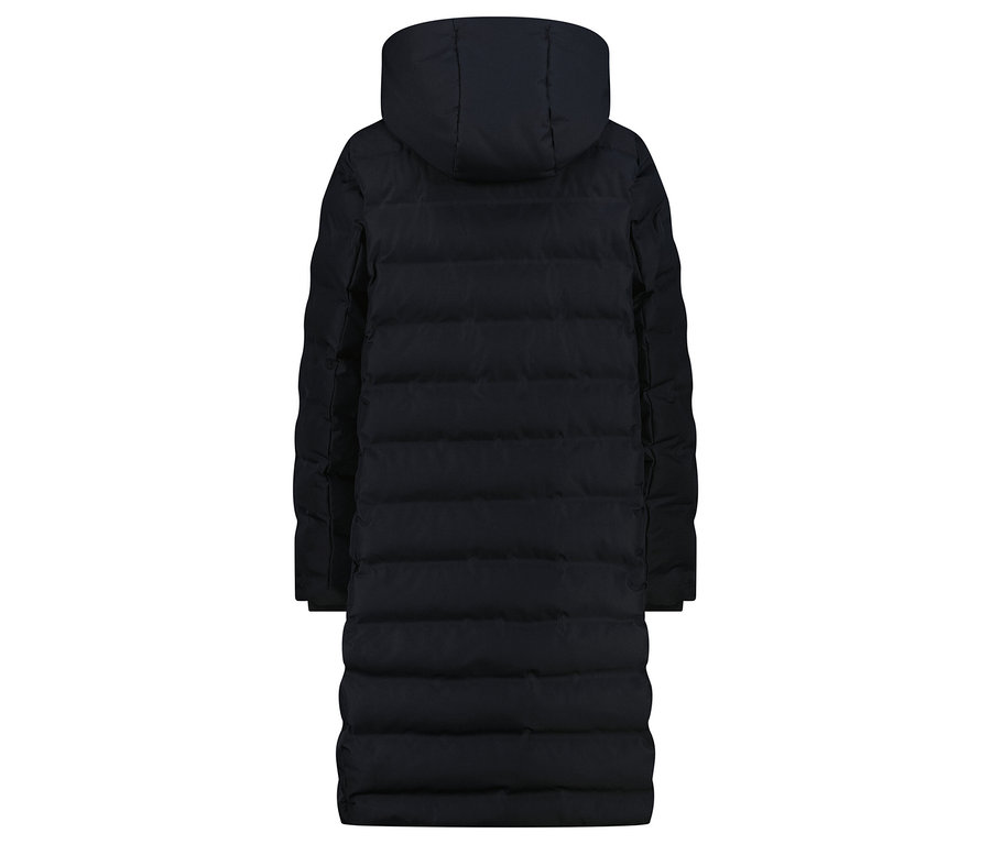 Granatowa kurtka puchowa z kapturem, widok z tyłu.