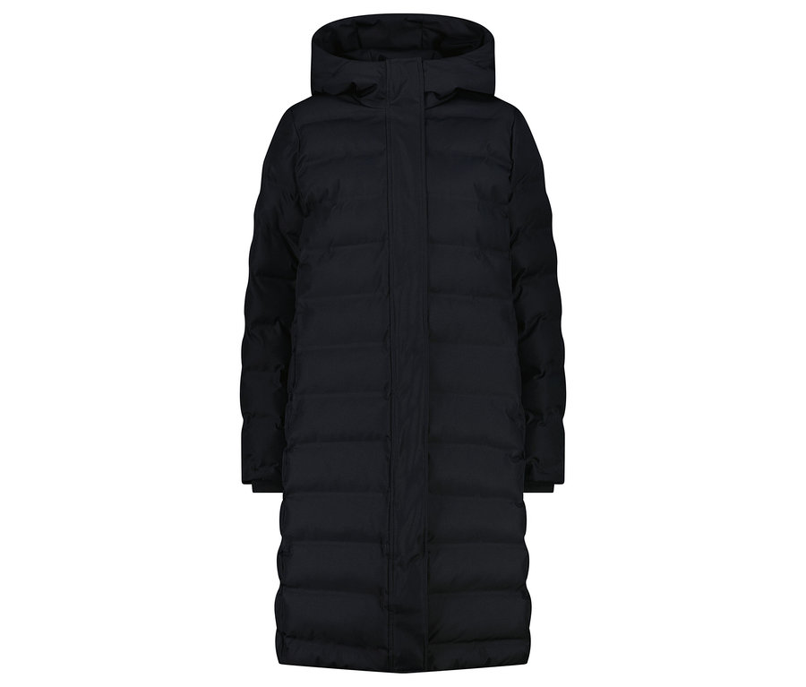 Czarny, długi płaszcz puchowy z kapturem.