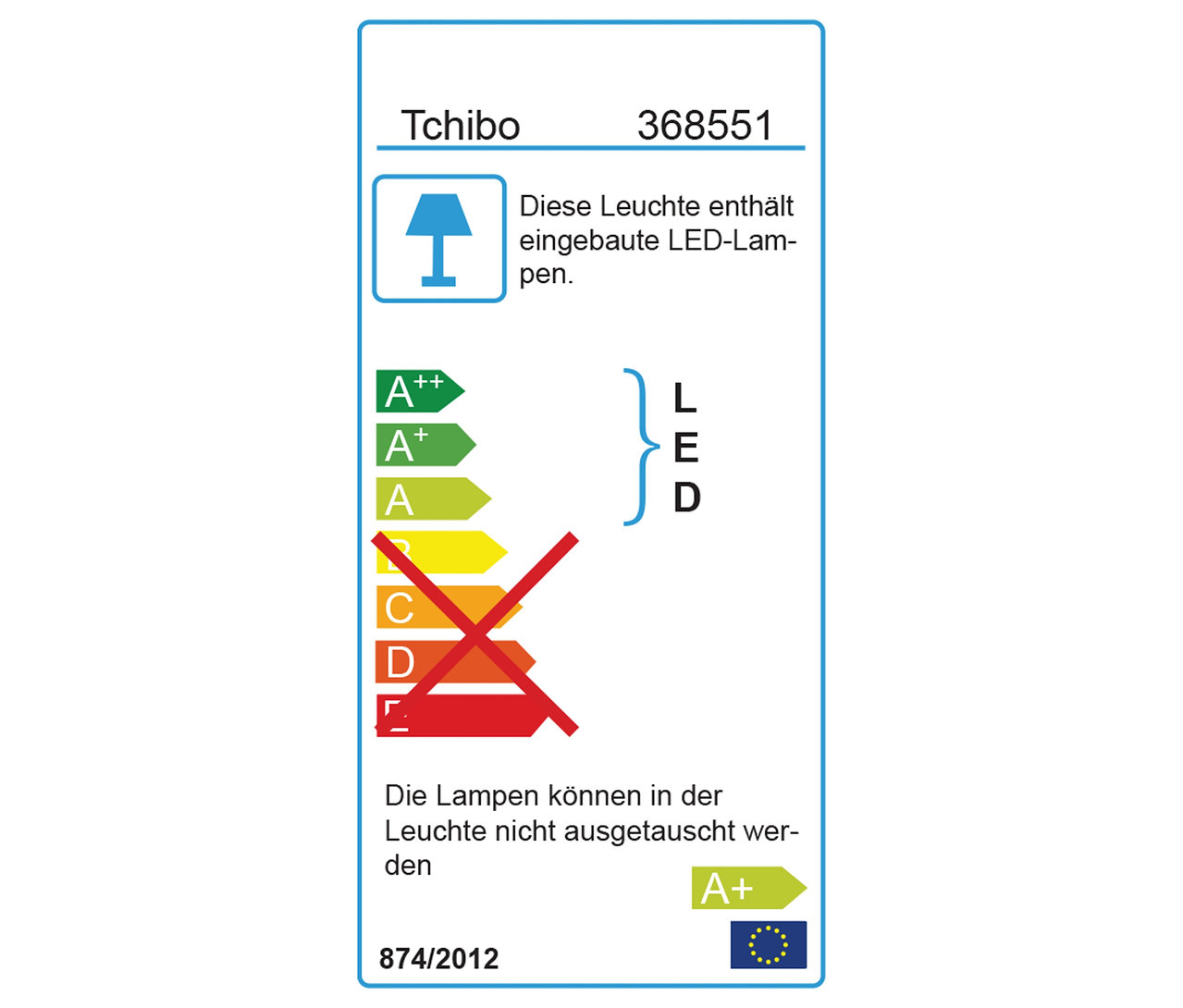 Etykieta energetyczna z klasami od A++ do E, przy czym klasy od C do E są przekreślone na czerwono. Etykieta wskazuje, że oprawa zawiera wbudowane lampy LED.