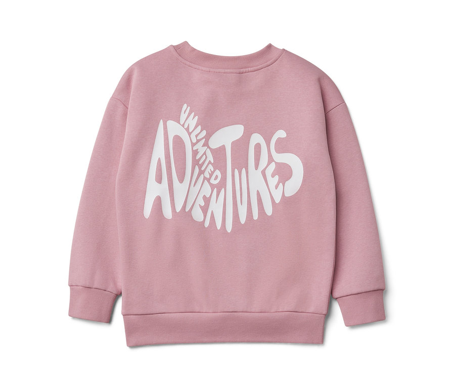 Różowa dziecięca bluza dresowa z białym napisem Unlimited Adventures.