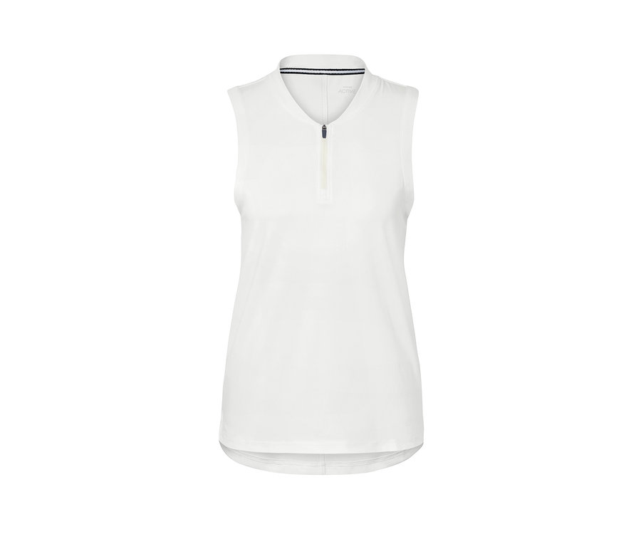Biały top funkcyjny z krótkim zamkiem błyskawicznym.