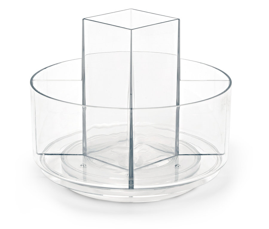 Przezroczysty, obrotowy organizer z wieloma przegródkami.