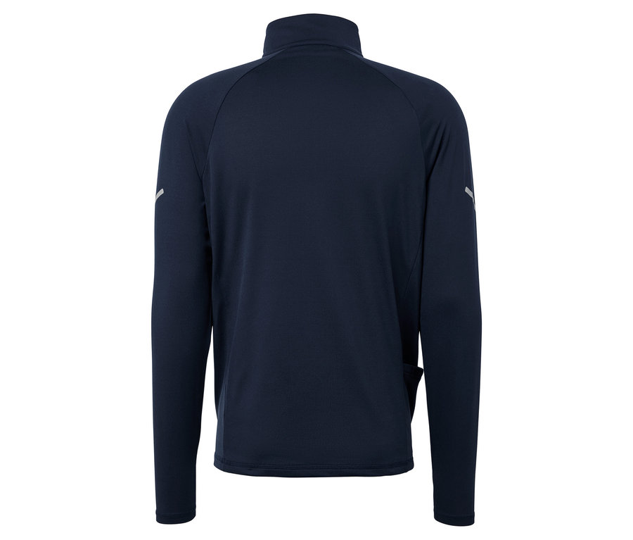 Widok z tyłu granatowej kurtki z długim rękawem.