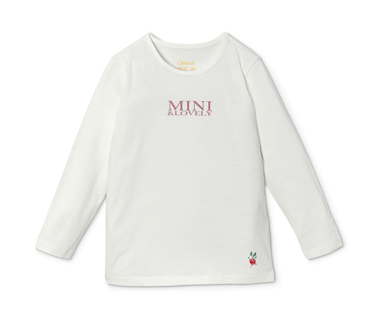 Biała koszulka z długim rękawem z napisem MINI & LOVELY i obrazkiem rzodkiewki.