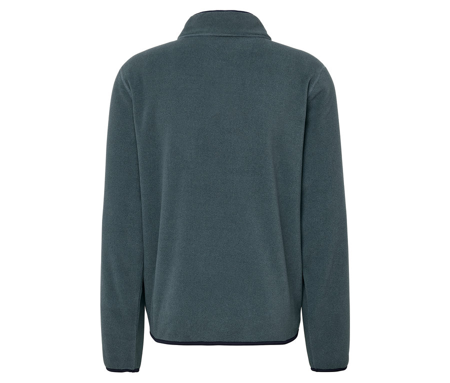 Widok z tyłu ciemnoszarej bluzy polarowej zapinanej na zamek.