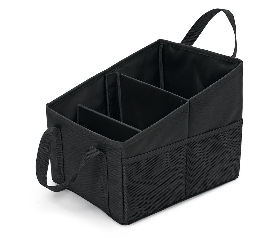 Czarny tekstylny organizer z czterema przegródkami i uchwytami.