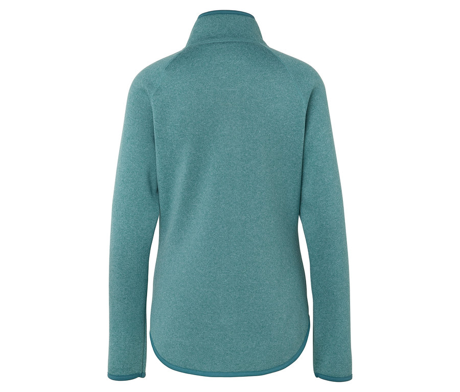 Widok z tyłu turkusowej bluzy polarowej z długim rękawem i zamkiem błyskawicznym.