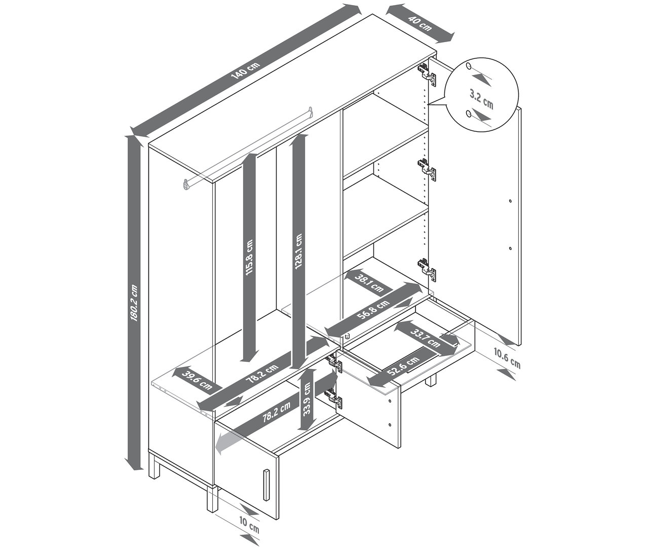 Wymiary szafy garderobianej »Eklund« z otwartymi drzwiami i szufladami.