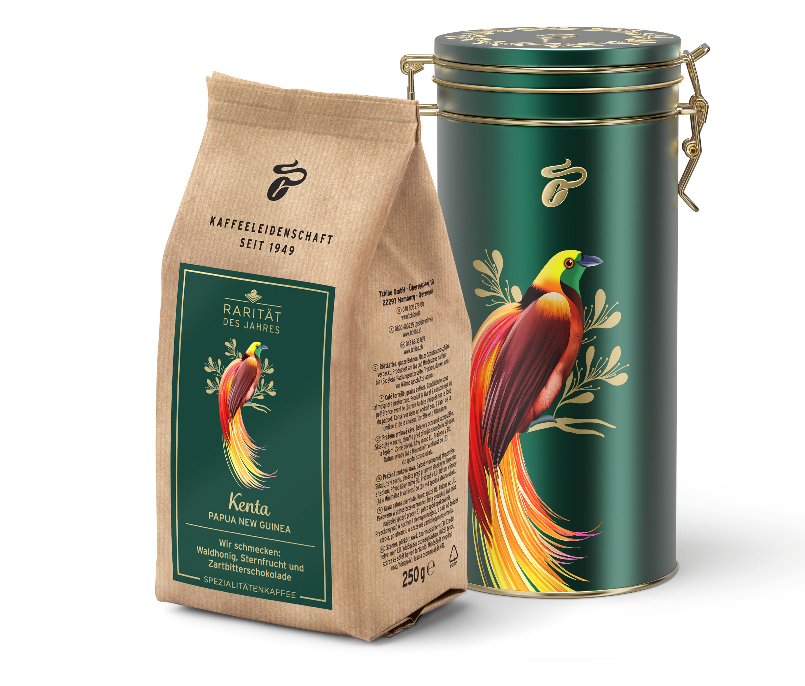 Obok siebie stoją torebka kawy i puszka „Rarität »Kenta Papua-Neuguinea«”.
