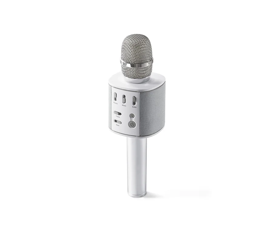Srebrny mikrofon Bluetooth® do karaoke na białym tle.