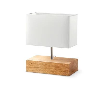Lampa stołowa z drewnianą podstawą i białym, prostokątnym abażurem.