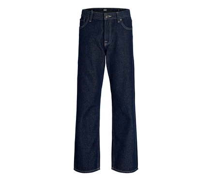 Ciemnoniebieskie jeansy Jack&Jones JJOriginal Chris z jasnymi szwami, przednimi i tylnymi kieszeniami oraz zapięciem na guzik, leżące płasko.