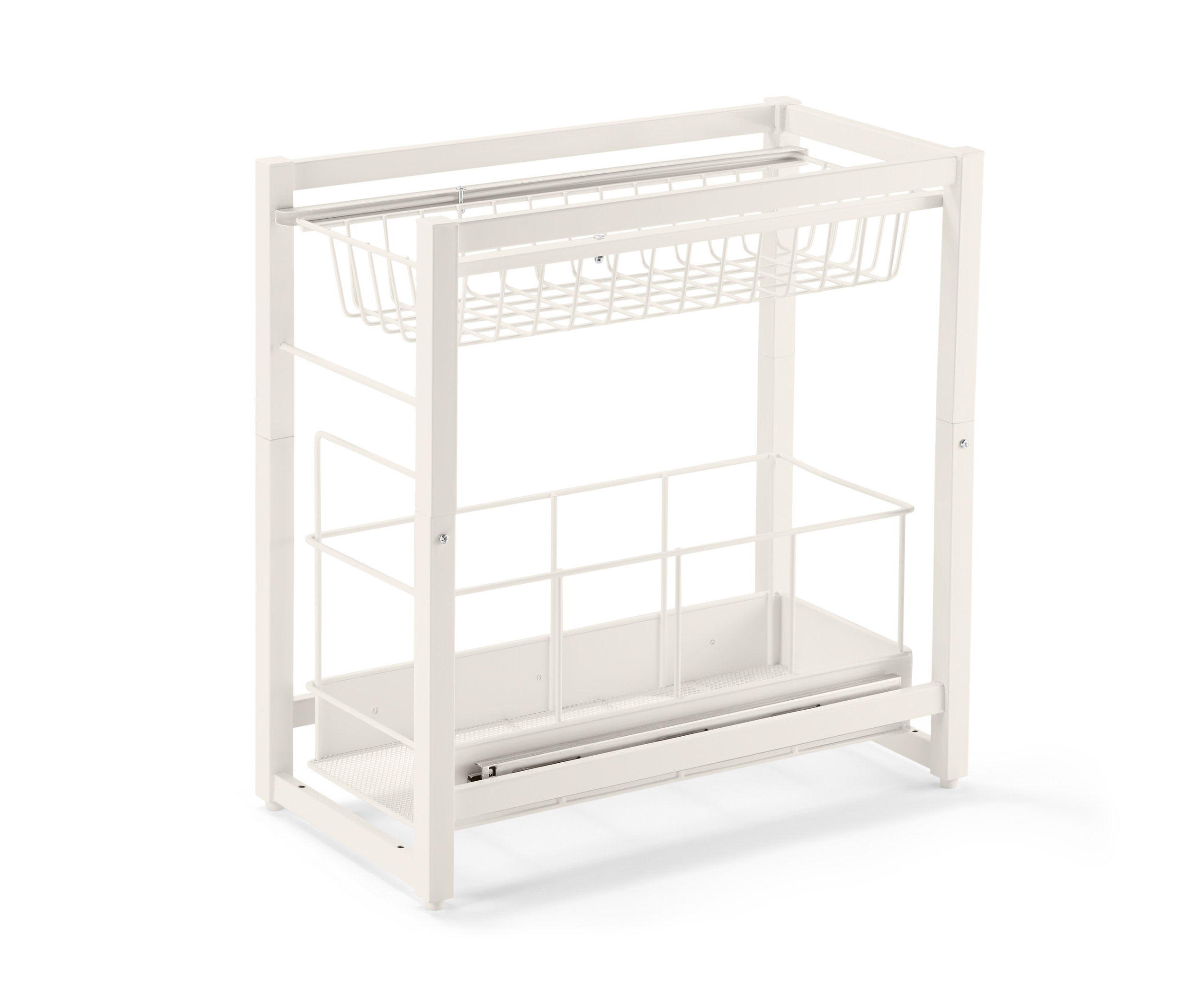 Biały kontener do szafki kuchennej z 2 szufladami i wkładka do szafki z 2 szufladami.