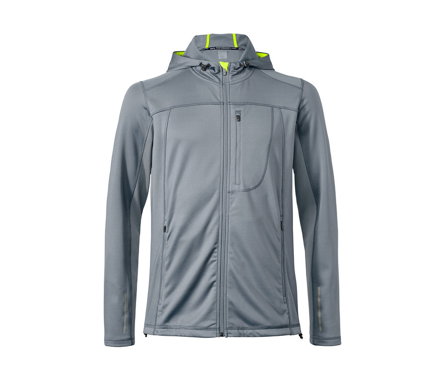 Szara bluza sportowa z zamkiem błyskawicznym i kapturem.