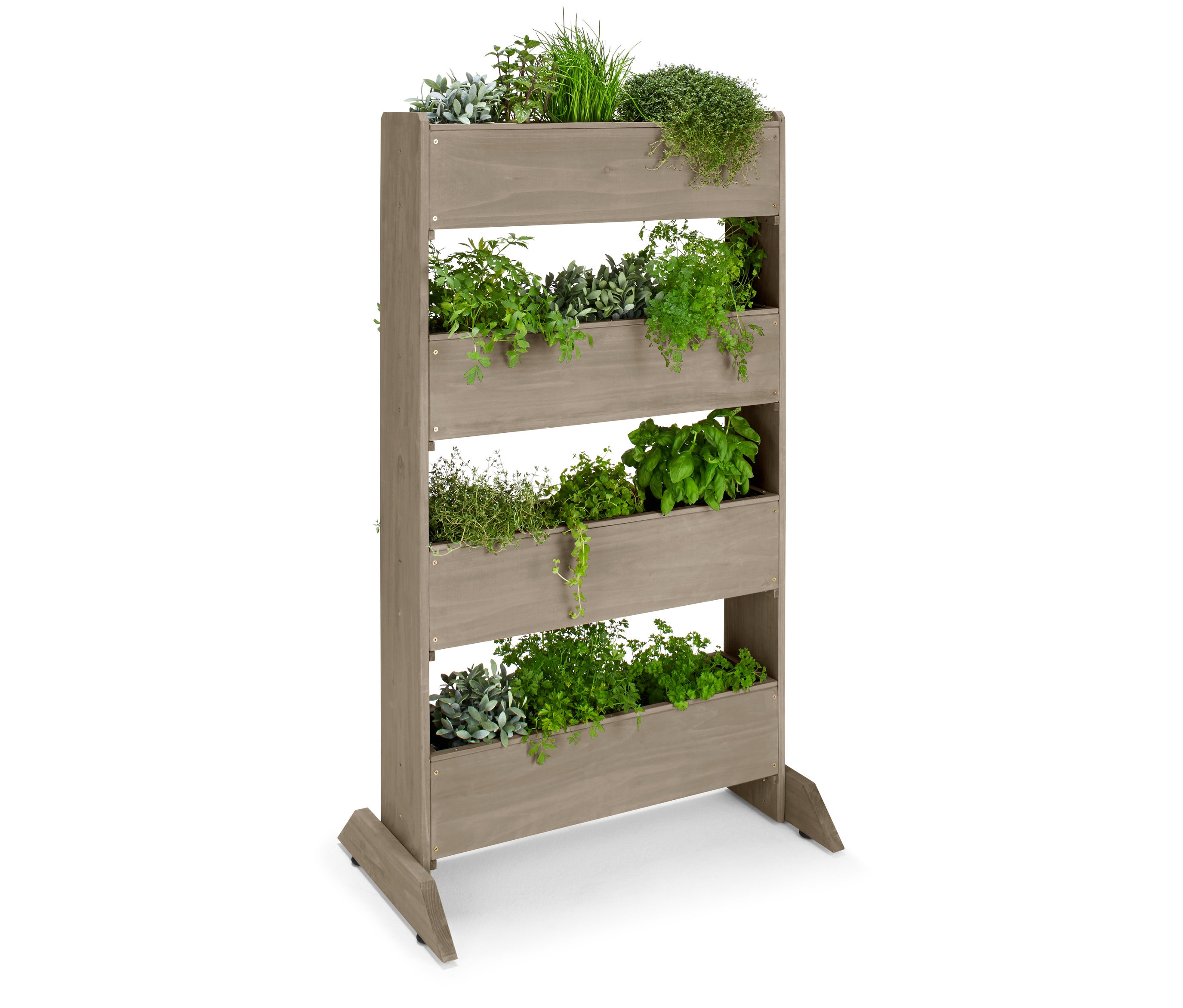 Drewniana pionowa rabatka z pięcioma poziomami obsadzonymi różnymi ziołami.