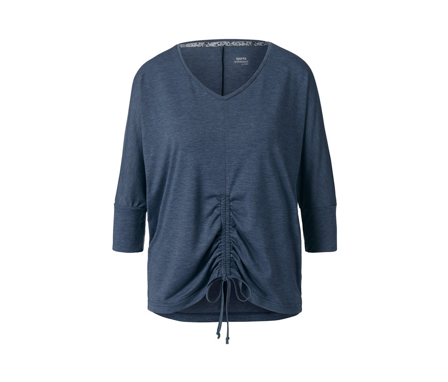 Niebieska nakrapiana koszulka do jogi i treningu z rękawem 3/4.