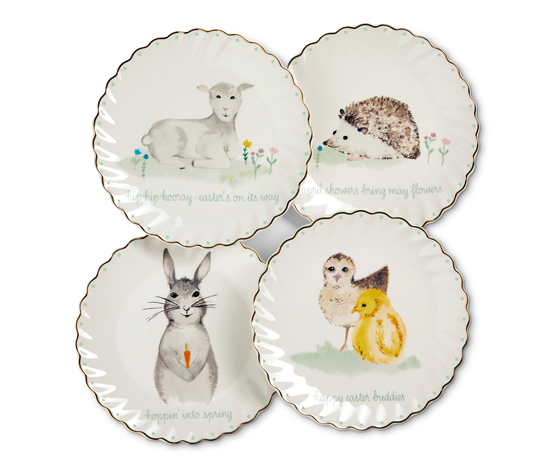 Cztery talerzyki deserowe ze złotym zdobieniem, przedstawiające owieczkę, zająca, kurczaki i jeża.