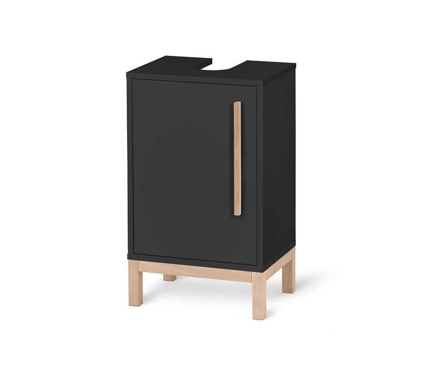 Mała szafka pod umywalkę Eklund w kolorze antracytowym z pojedynczymi drzwiami i drewnianym uchwytem.