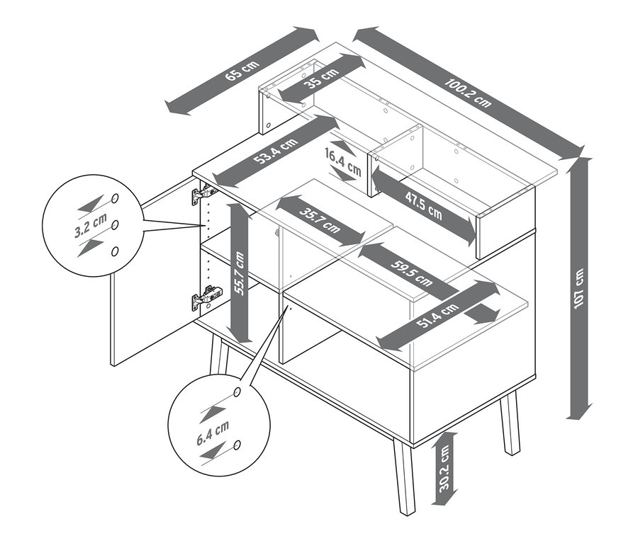 Rysunek baru z ladą z zaznaczonymi wymiarami.