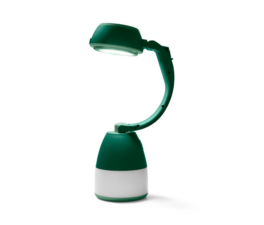 Zielona wielofunkcyjna lampa kempingowa ze światłem skierowanym do góry.