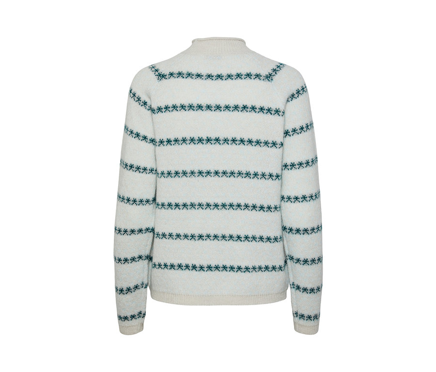 Sweter z dzianiny w poziome paski ze wzorem płatków śniegu.