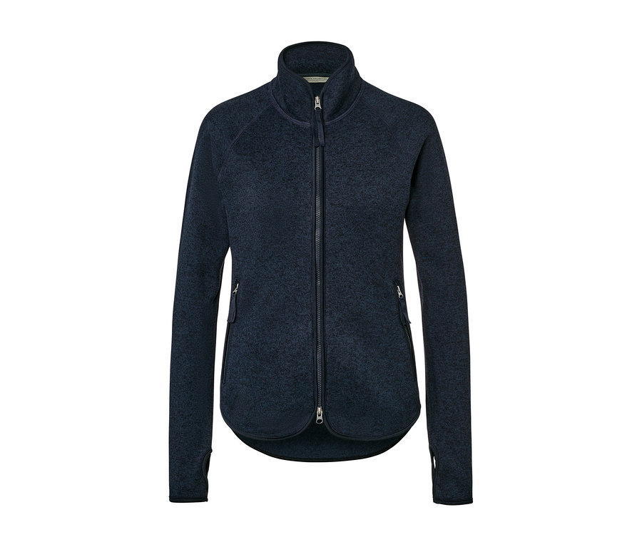 Granatowa bluza z dzianiny polarowej zapinana na zamek błyskawiczny.