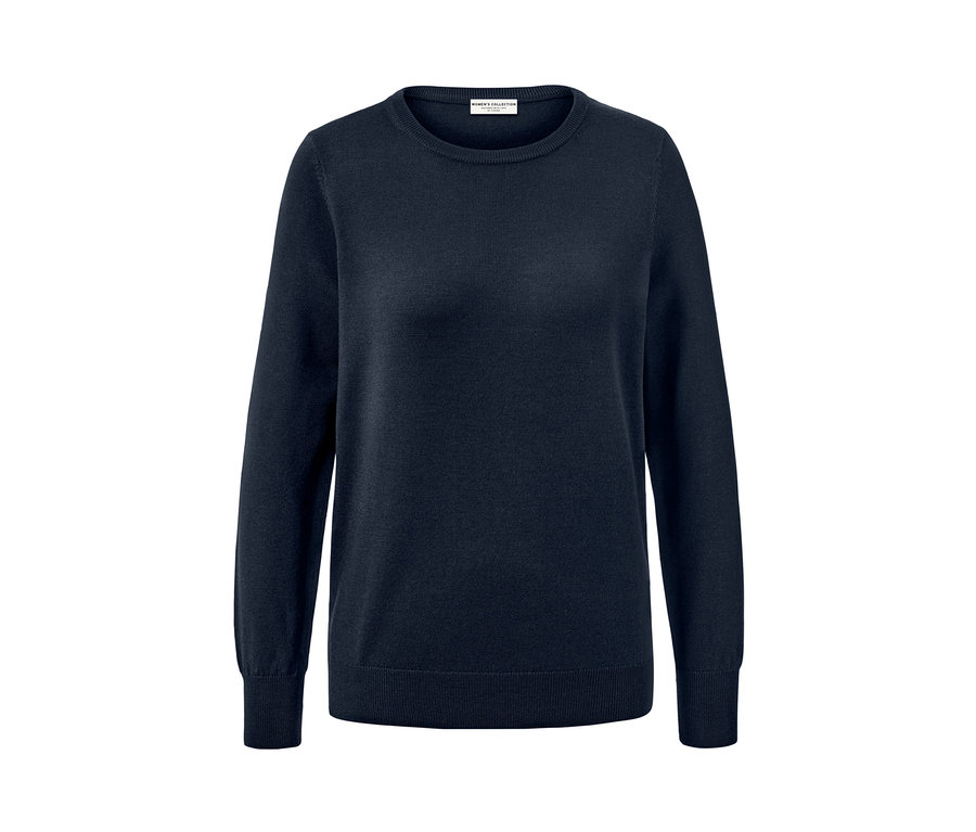 Granatowy sweter z cienkiej dzianiny z wełny merino.