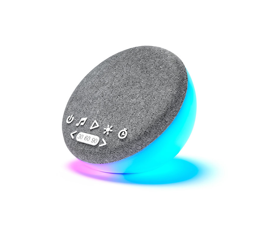 Szara pomoc w zasypianiu z głośnikiem i odgłosami natury na białym tle.