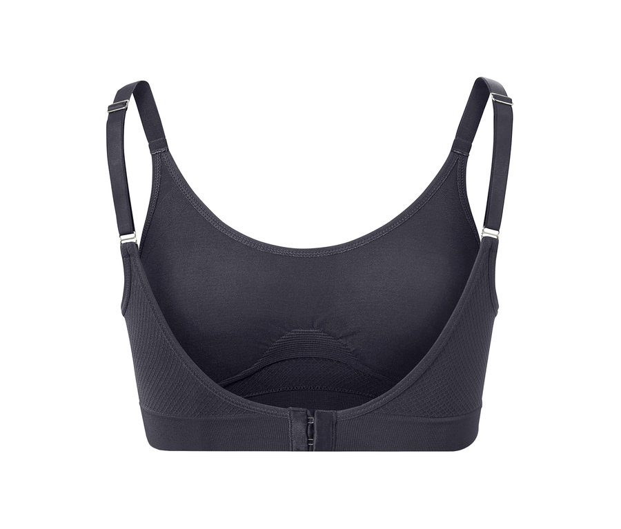 Szczegółowy widok czarnego, bezszwowego biustonosza sportowego.