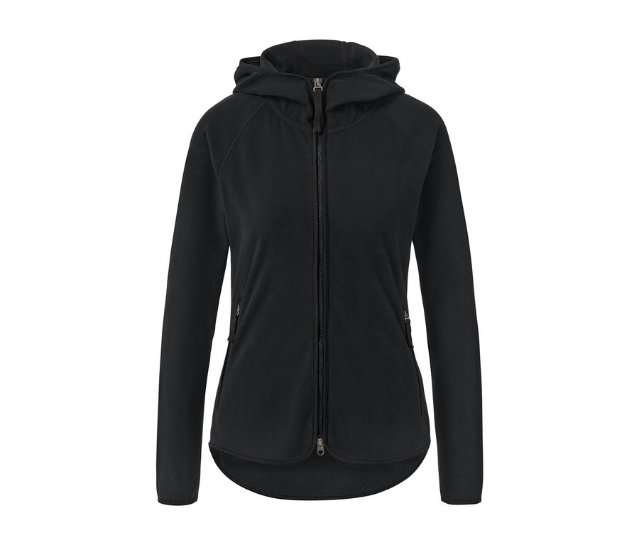 Czarna polarowa kurtka z kapturem.