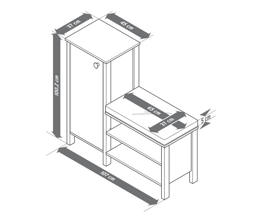 Wymiary ławki z szafką na buty: długość 107 cm, wysokość szafki 100.2 cm, długość siedziska 65 cm.