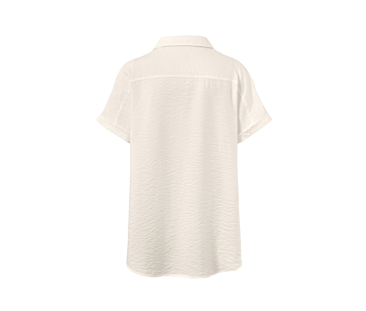 Widok z tyłu kremowej bluzki z krótkim rękawem.