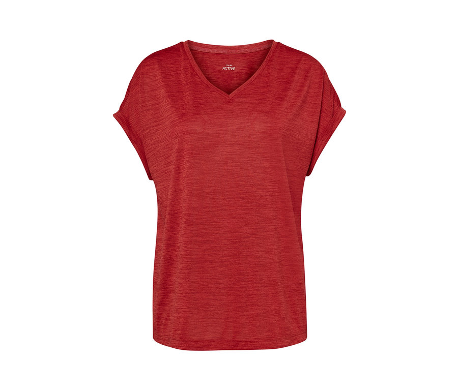 Czerwona koszulka funkcyjna z krótkim rękawem.