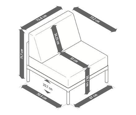 Rysunek 1-miejscowego modułu środkowego z tapicerką premium i podanymi wymiarami.