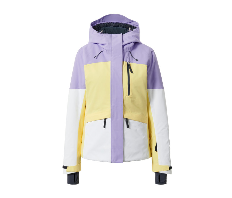 Fioletowo-żółto-biała kurtka narciarska.
