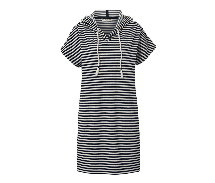 Sukienka plażowa z tkaniny frotté w biało-niebieskie paski z kapturem i krótkimi rękawami.