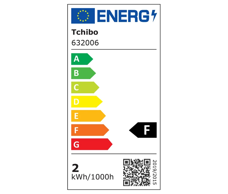 Etykieta energetyczna Tchibo 632006, klasa F, zużycie 2 kWh/1000h i kod QR.