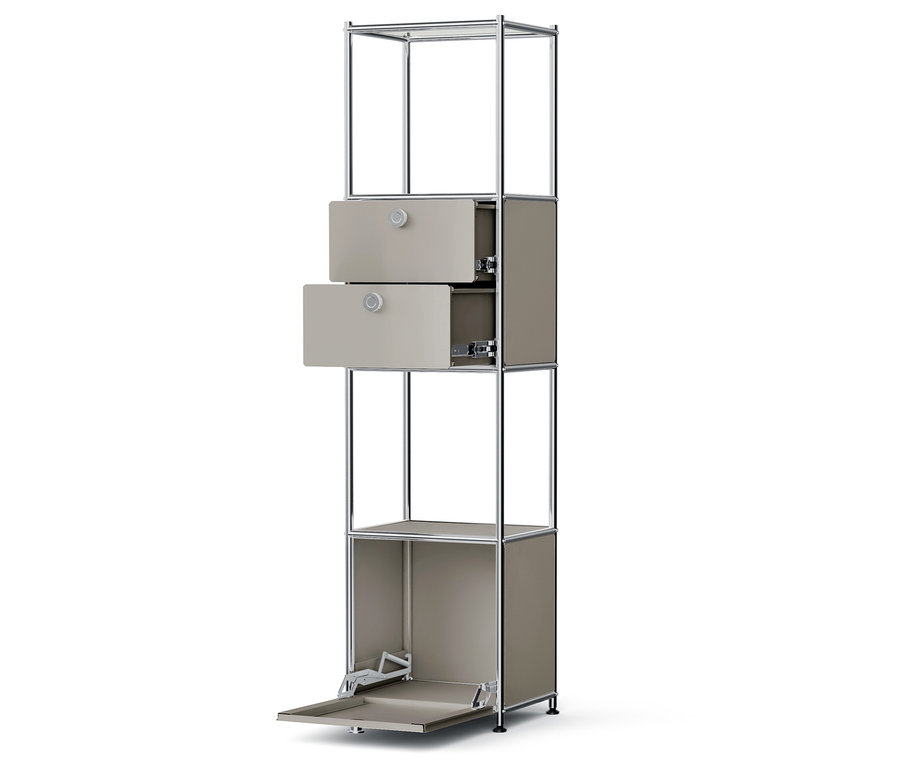 Wysoki regał z otwartą szafką na dole i dwiema szufladami u góry.