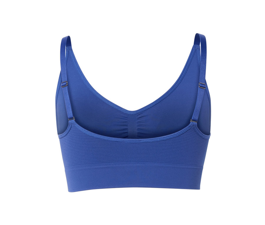 Szczegółowy widok z tyłu niebieskiego, bezszwowego biustonosza sportowego.